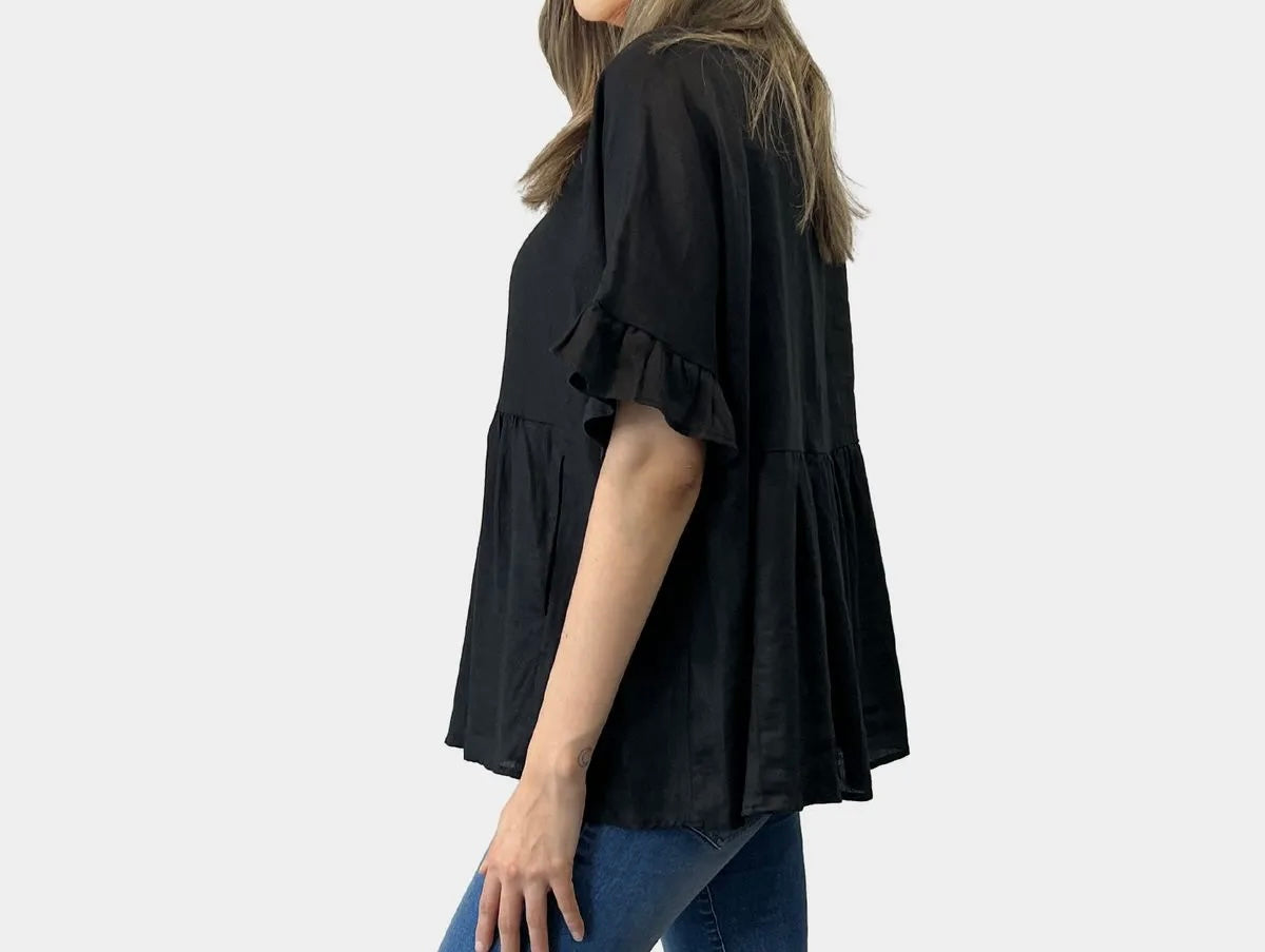 Black Linen Top Loose Fit with frill