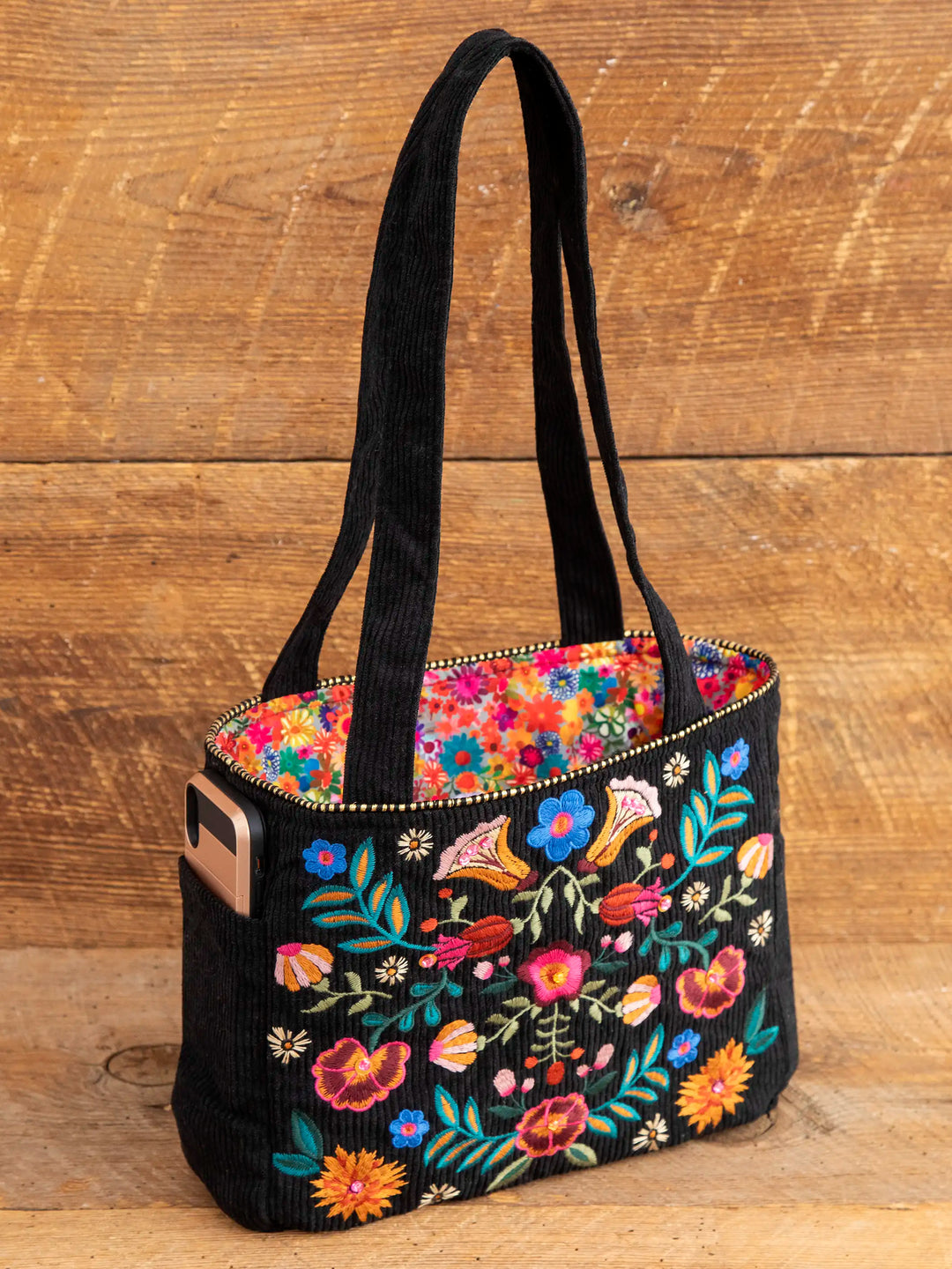 Embroidered Corduroy Tote - Black Folk Flower