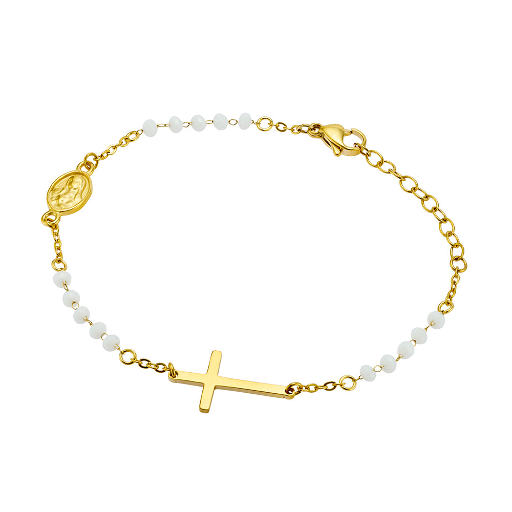 Bead Bracelet with Mother Mary & Cross - White